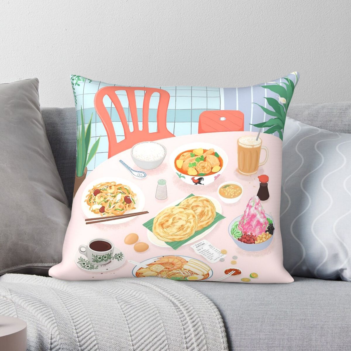Home Decor Malaysia - Capa de Almofada Decorativa Kopitiam Food